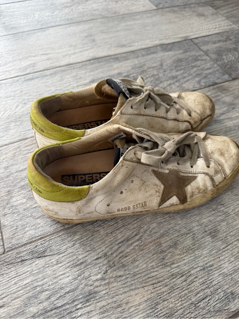 Golden Goose White Leather Sneakers with Neon Yellow Heel and Brown Star - Picture 1 of 5